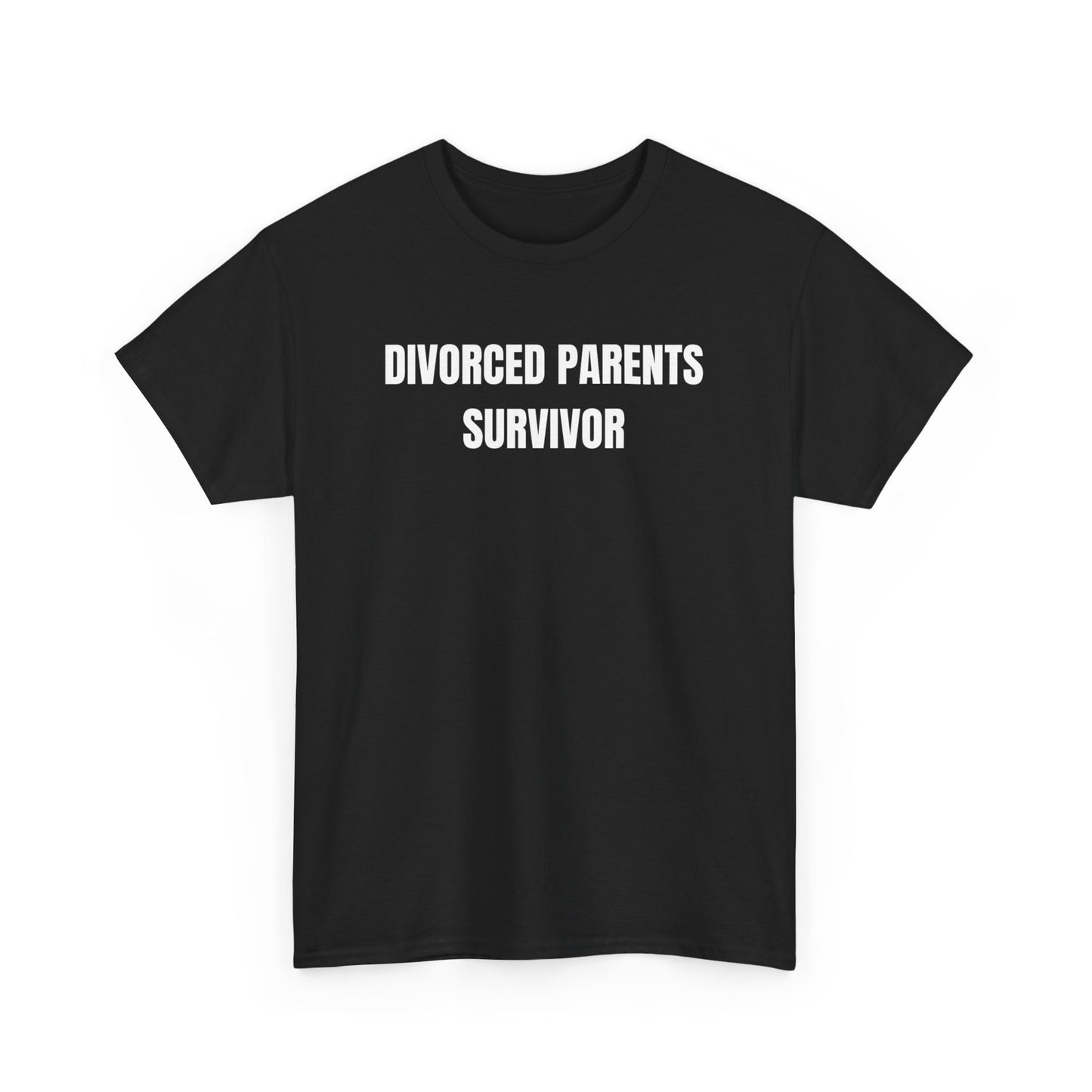 Black crew neck t-shirt with the text 'DIVORCED PARENTS SURVIVOR' printed in white on the front.