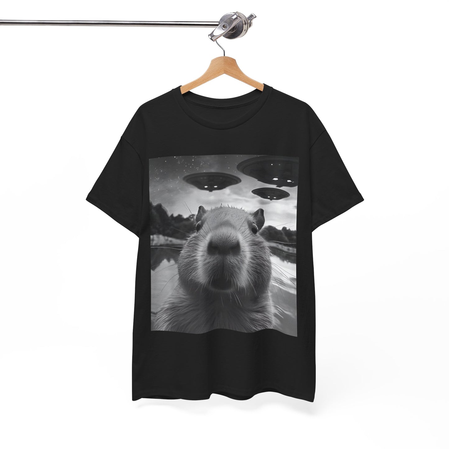 Funny Graphic Tee Capybara Selfie with UFOs Weird T-Shirt