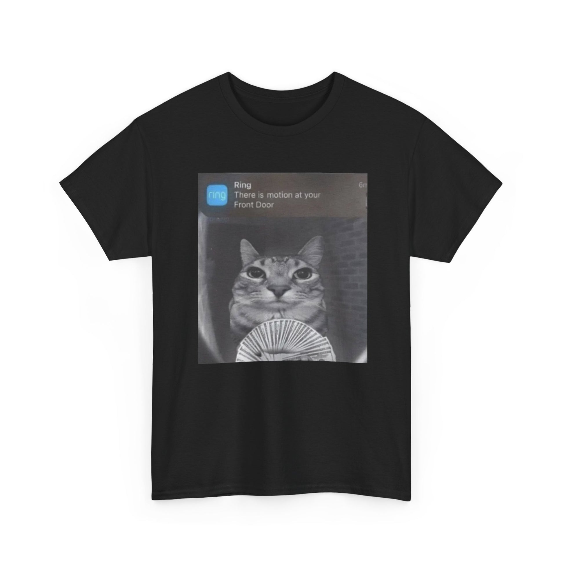 A black crew neck t-shirt featuring a graphic of a cat with money standing in front of a ring camera