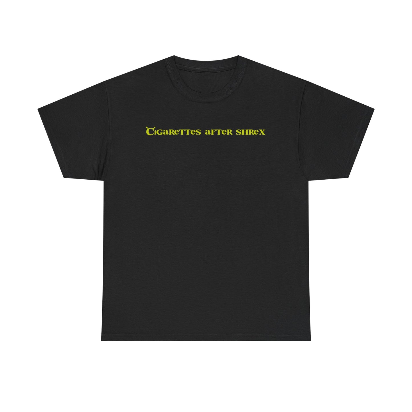 Black crew neck t-shirt with the text 'Cigarettes after shrek' printed in yellow on the front.