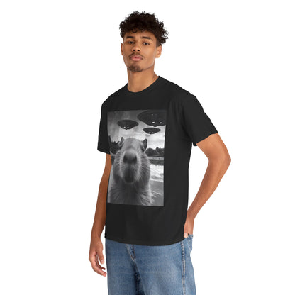 Funny Graphic Tee Capybara Selfie with UFOs Weird T-Shirt