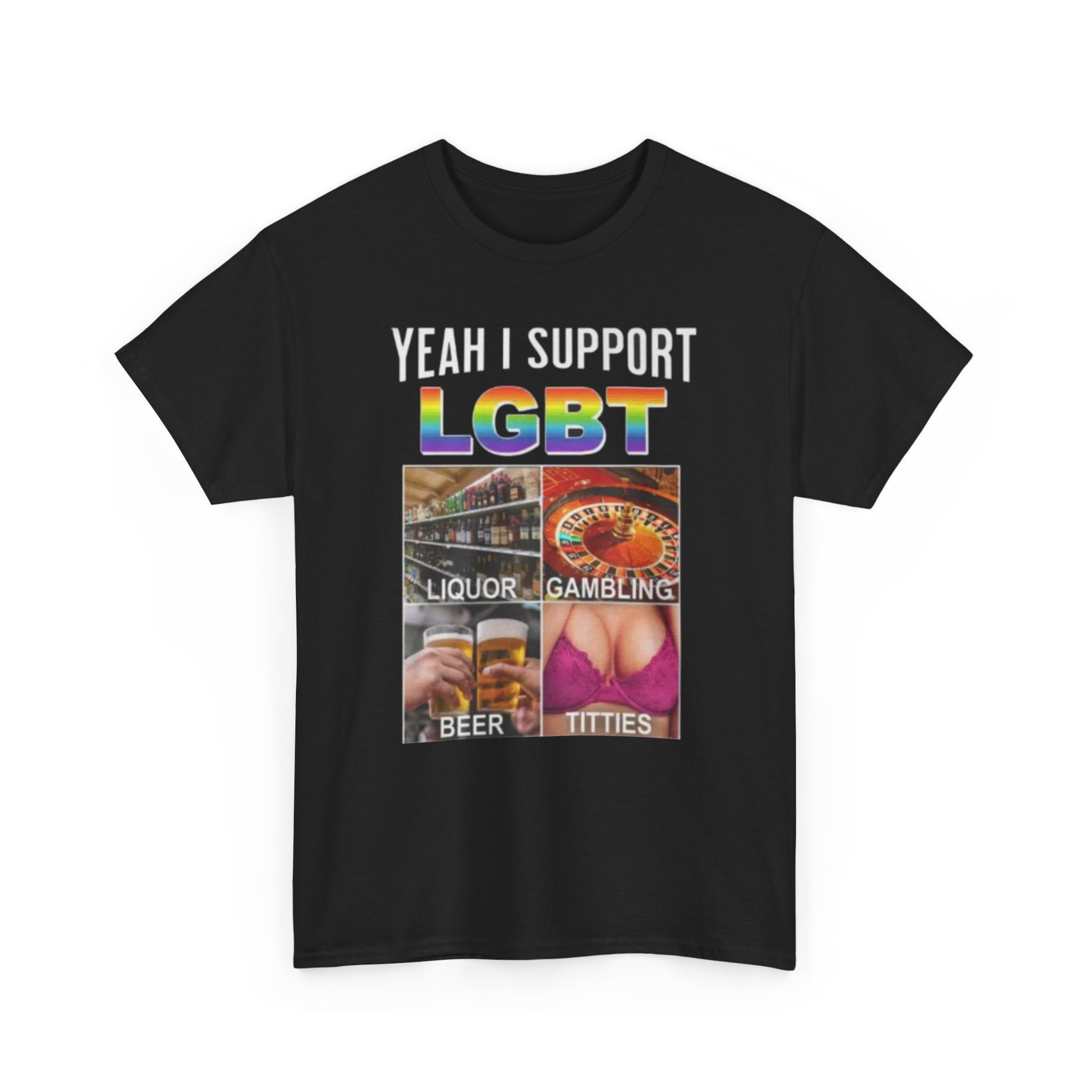 This image features a bold and expressive men's t-shirt, primarily in black, with a striking print that reads "Yeah I Support LGBT" in vibrant letters. Below this statement, a colorful collage-style design incorporates various symbols and text related to LGBT support and pride.