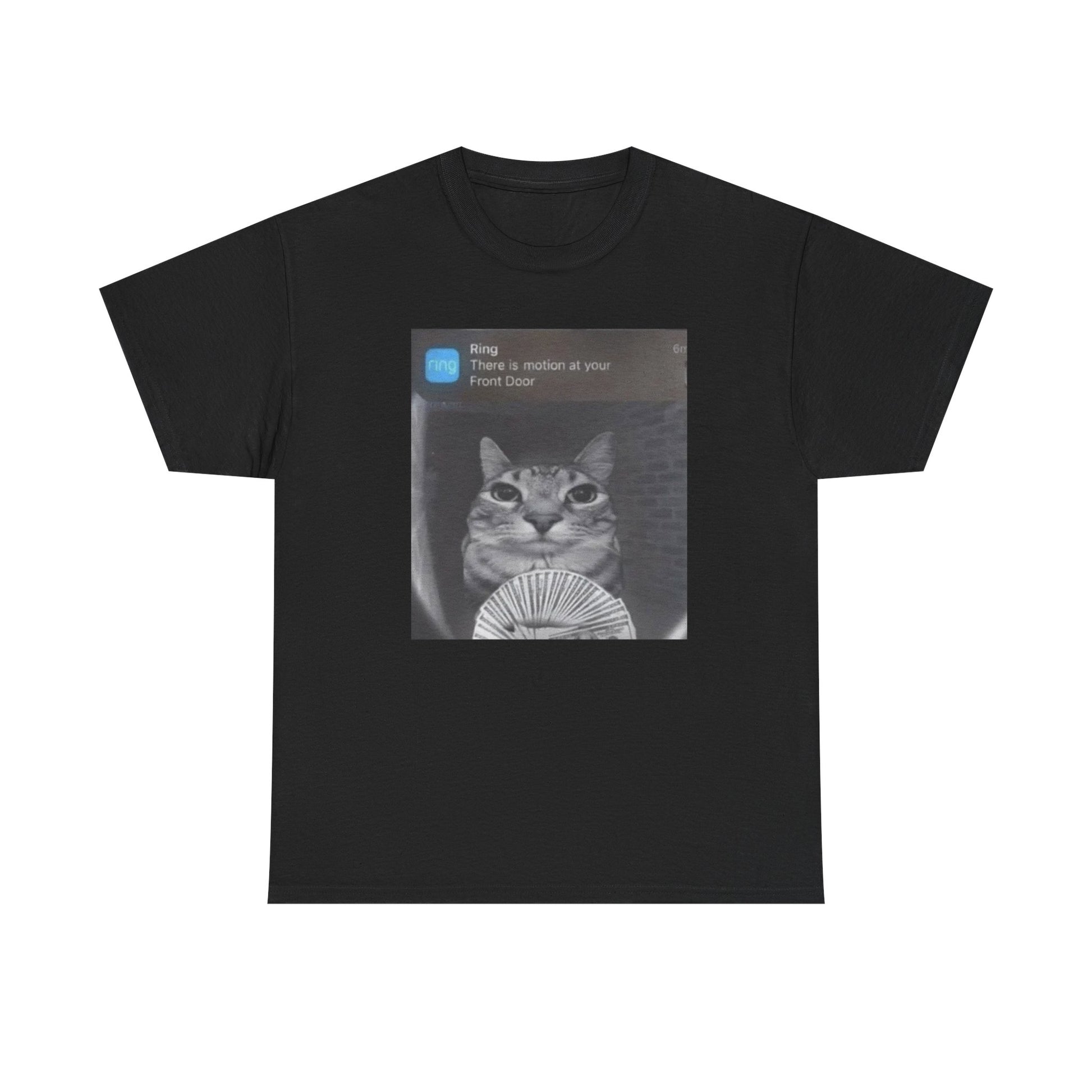 A black crew neck t-shirt featuring a graphic of a cat with money standing in front of a ring camera