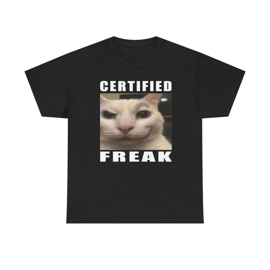Black crew neck t-shirt with the text 'CERTIFIED FREAK' printed above a photo of a cat in the center.