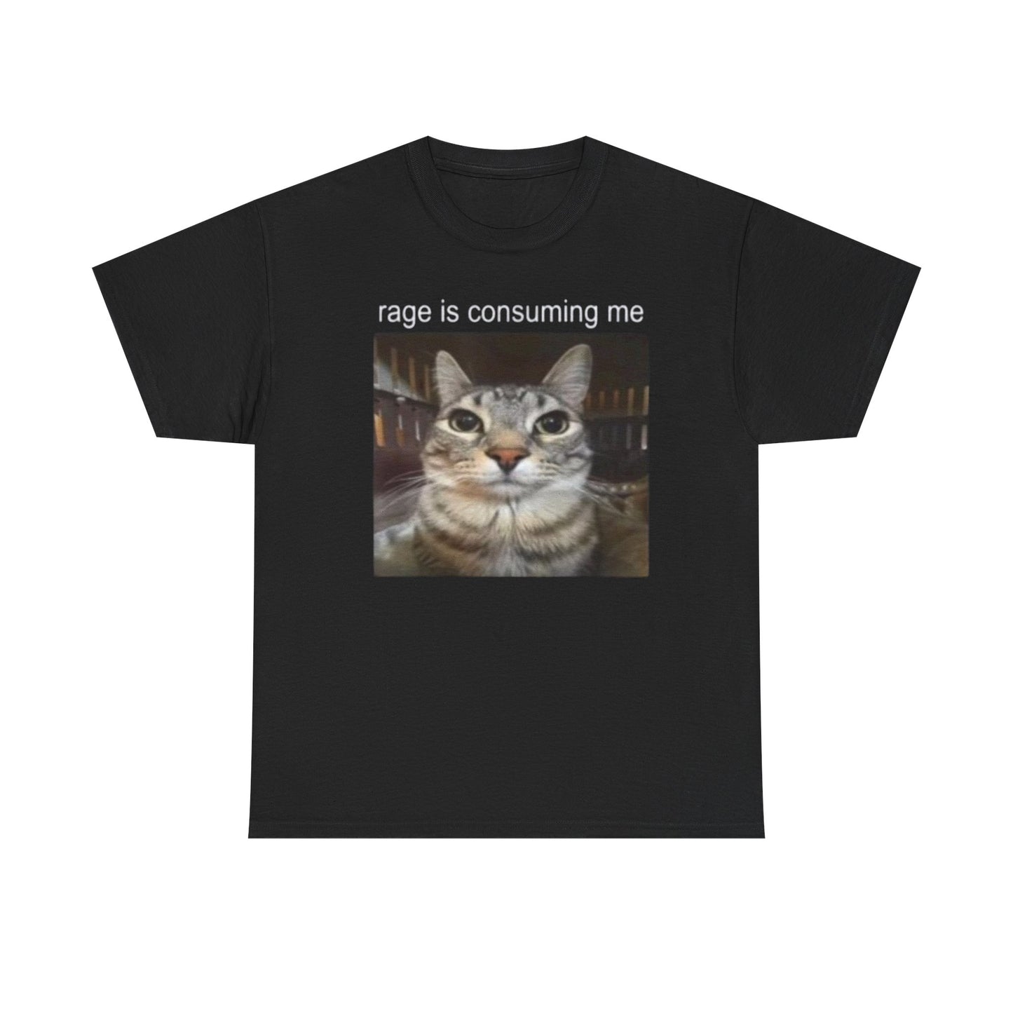 A black crew neck t-shirt with the text 'rage is consuming me' printed above a cat's face.