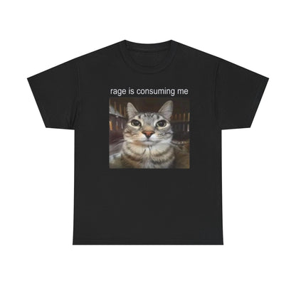 A black crew neck t-shirt with the text 'rage is consuming me' printed above a cat's face.