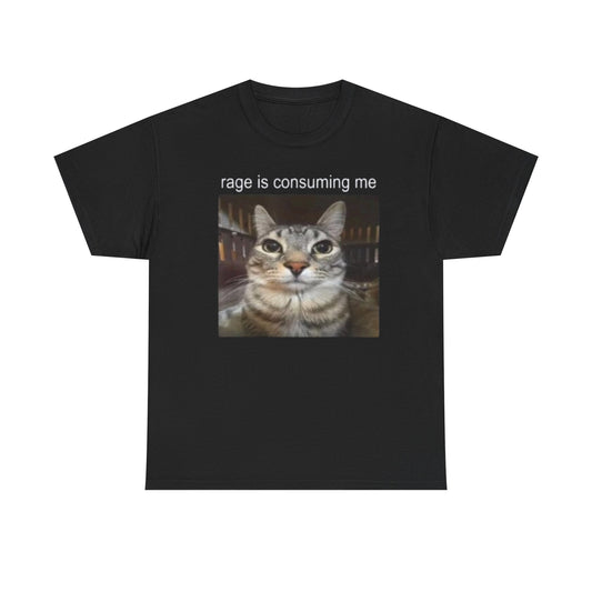 A black crew neck t-shirt with the text 'rage is consuming me' printed above a cat's face.