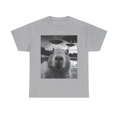 Funny Graphic Tee Capybara Selfie with UFOs Weird T-Shirt