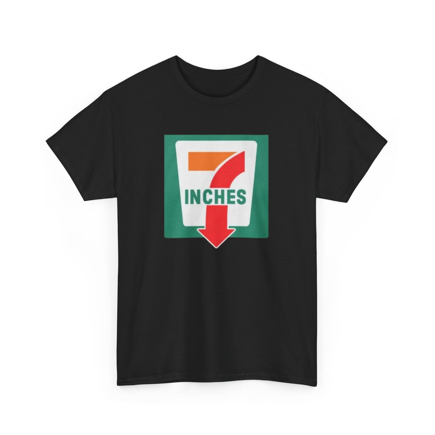 A black crew neck t-shirt with a graphic print in the center that reads '7 Inches' with a down arrow, all in bold colors.