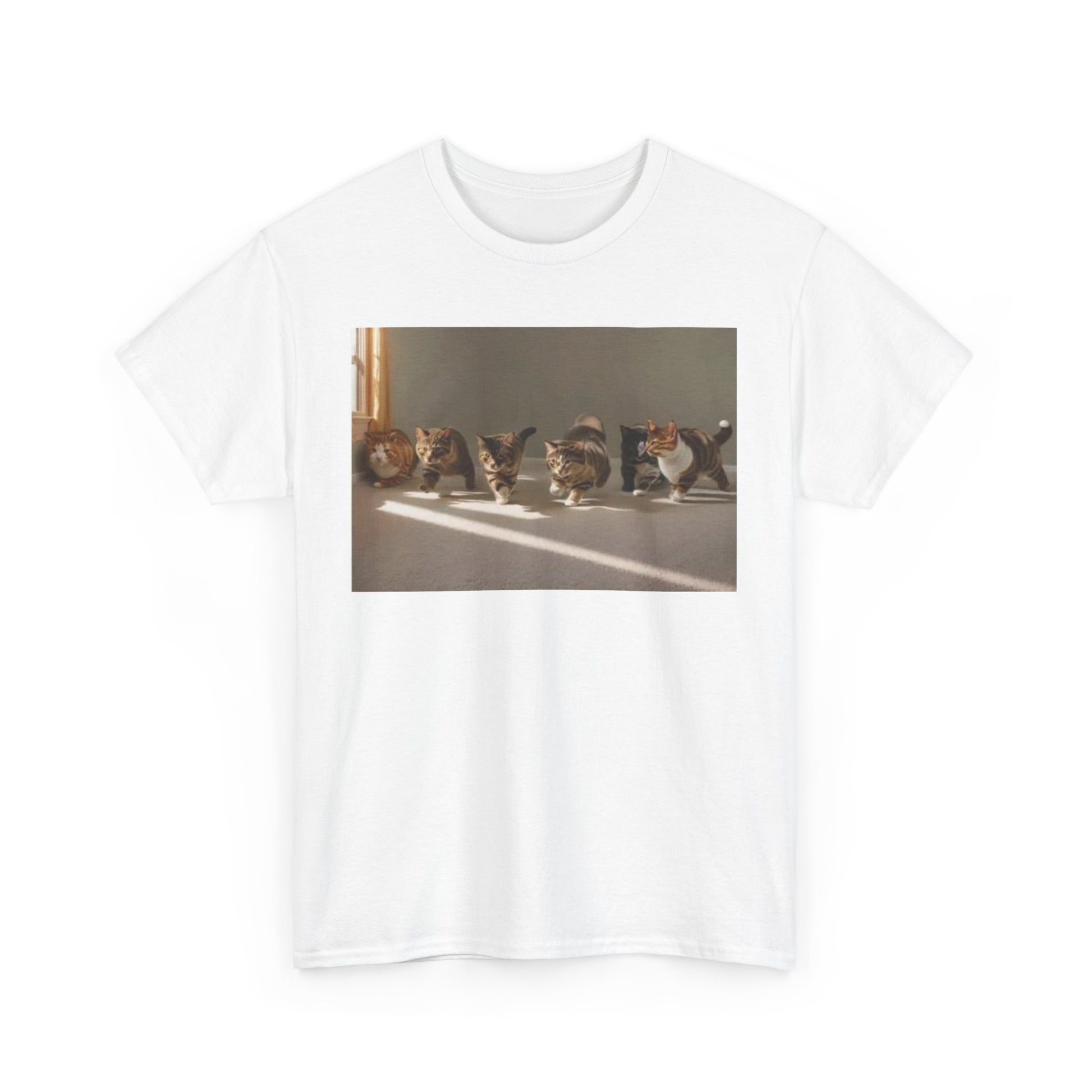This image features a white crew neck t-shirt with a humorous print. The print depicts a group of cats arranged in a line, with the text "GAY SEX" prominently displayed above them.