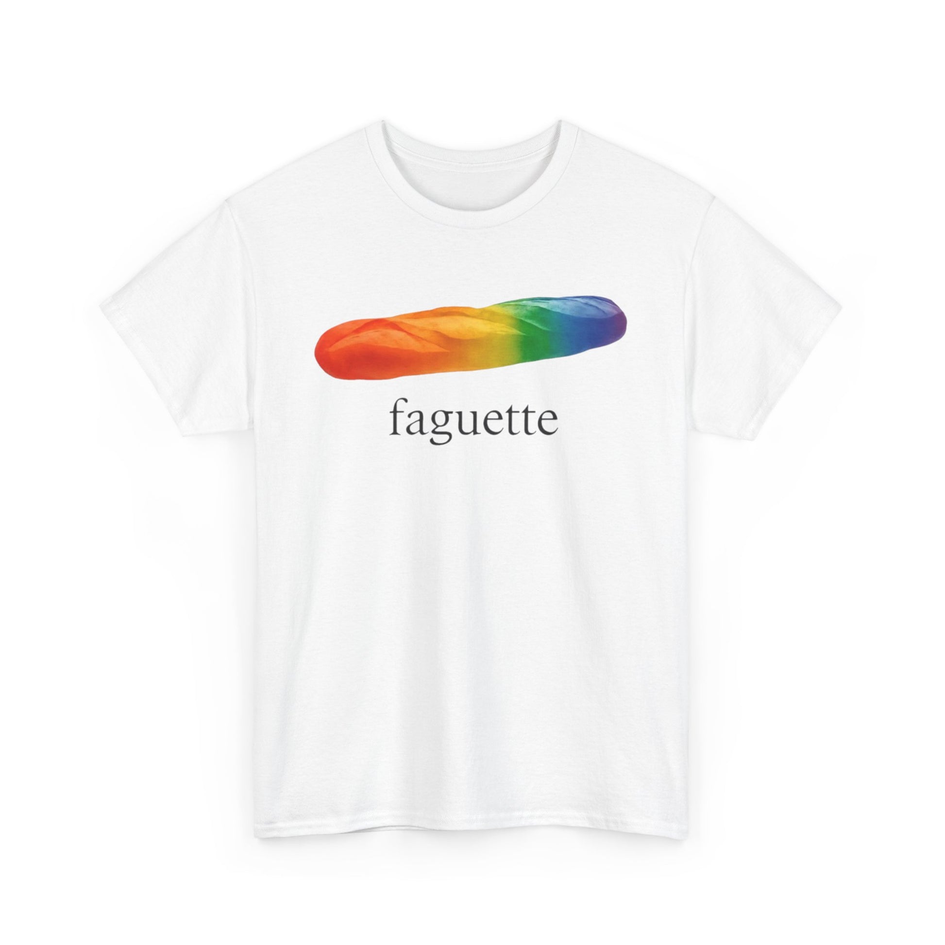 White t-shirt with a rainbow baguette graphic and 'fagette' text on a white background