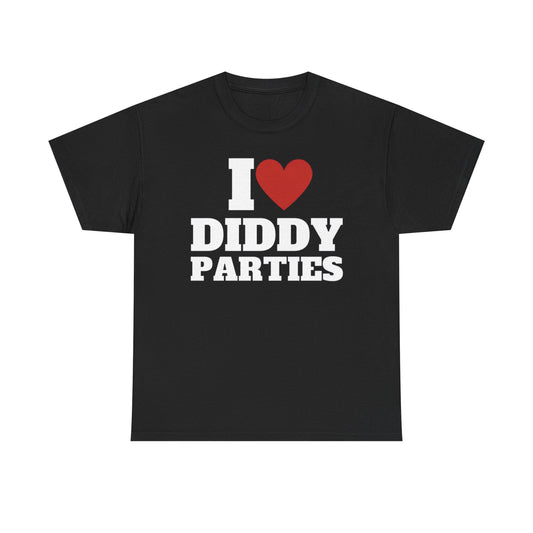 Black crew neck t-shirt with the text 'I love Diddy parties' printed on the front