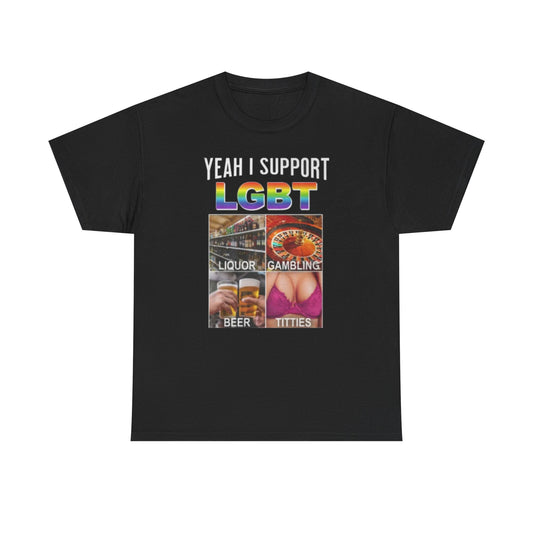 This image features a bold and expressive men's t-shirt, primarily in black, with a striking print that reads "Yeah I Support LGBT" in vibrant letters. Below this statement, a colorful collage-style design incorporates various symbols and text related to LGBT support and pride.