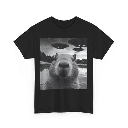 Funny Graphic Tee Capybara Selfie with UFOs Weird T-Shirt