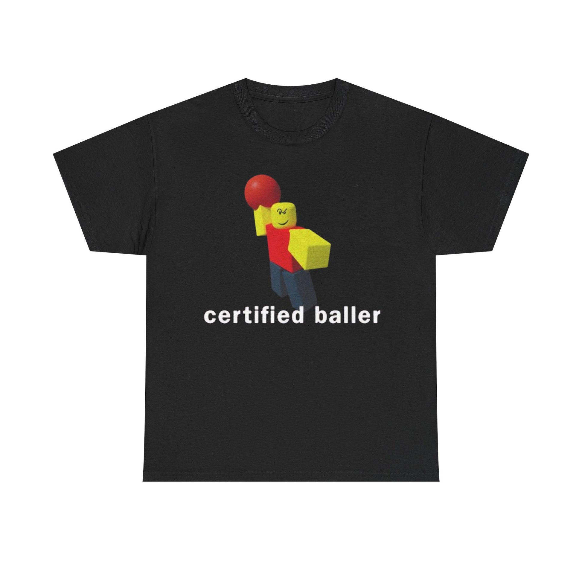 A black crew neck t-shirt with the text 'certified baller' printed on the front and a colorful graphic design.