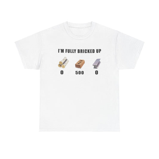 White crew neck t-shirt with text and graphics, including a phrase 'I'M FULLY BRICKED UP' followed by three cartoon images representing electronic components.