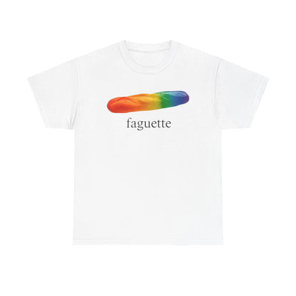 White unisex t-shirt on a white background featuring a rainbow-colored baguette graphic with the word ‘Faguette’ printed on it, a playful LGBTQ+ themed graphic tee.