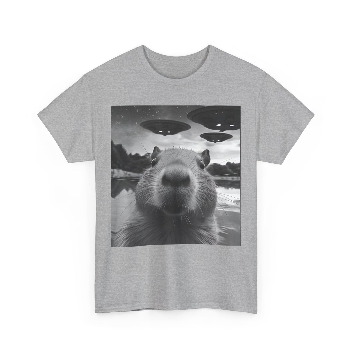 Funny Graphic Tee Capybara Selfie with UFOs Weird T-Shirt