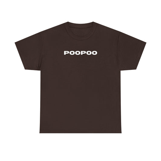 This image features a dark-colored T-shirt with the word "POOPOO" printed across the chest in bold, white letters. The T-shirt has a classic crew neck design and a regular fit, suitable for both men and women as indicated by the tags.