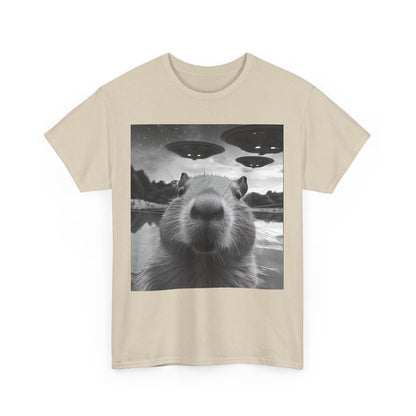 Funny Graphic Tee Capybara Selfie with UFOs Weird T-Shirt