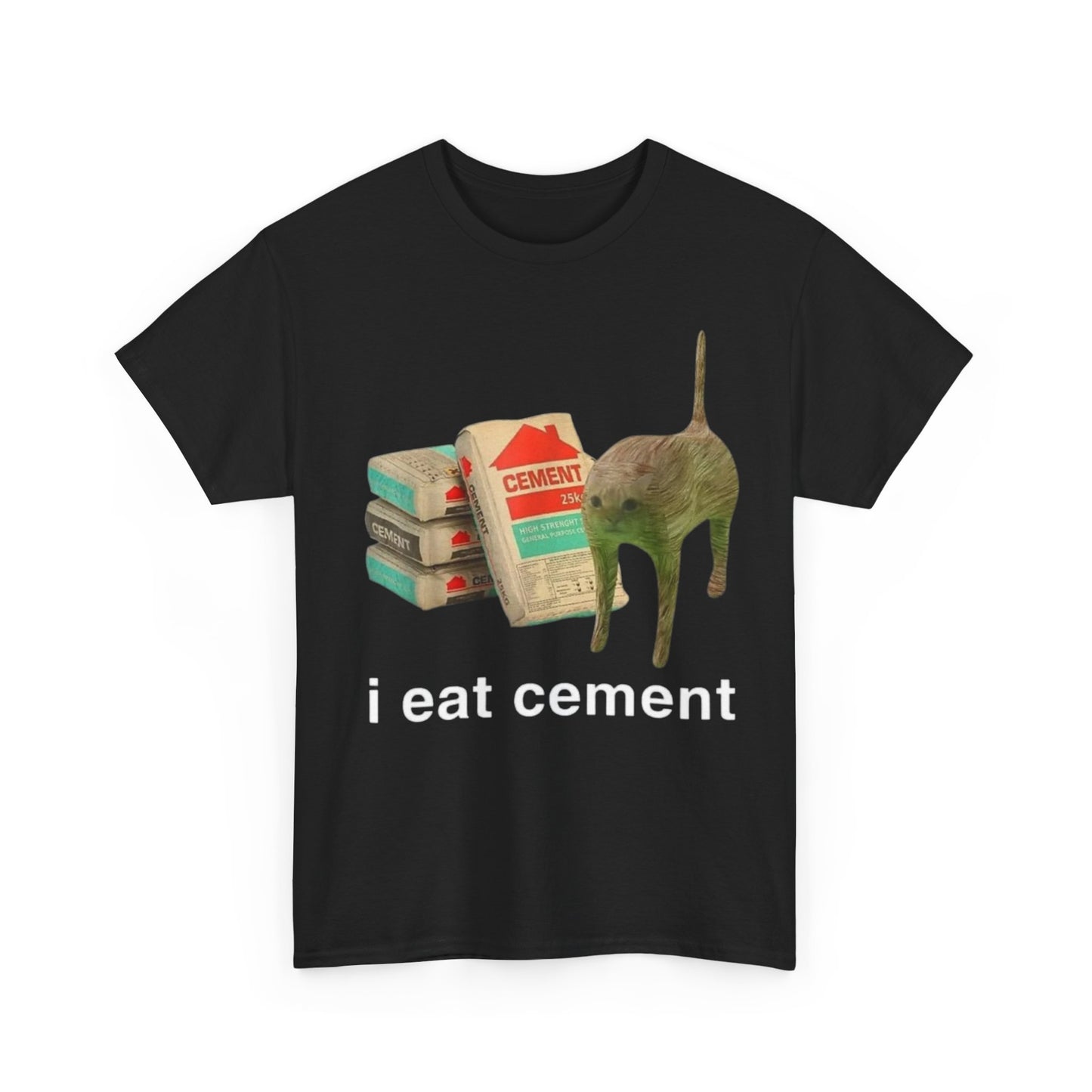 Black crew neck t-shirt with the text 'i eat cement' printed on the front, featuring an image of a dog and a stack of books.