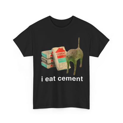 Black crew neck t-shirt with the text 'i eat cement' printed on the front, featuring an image of a dog and a stack of books.