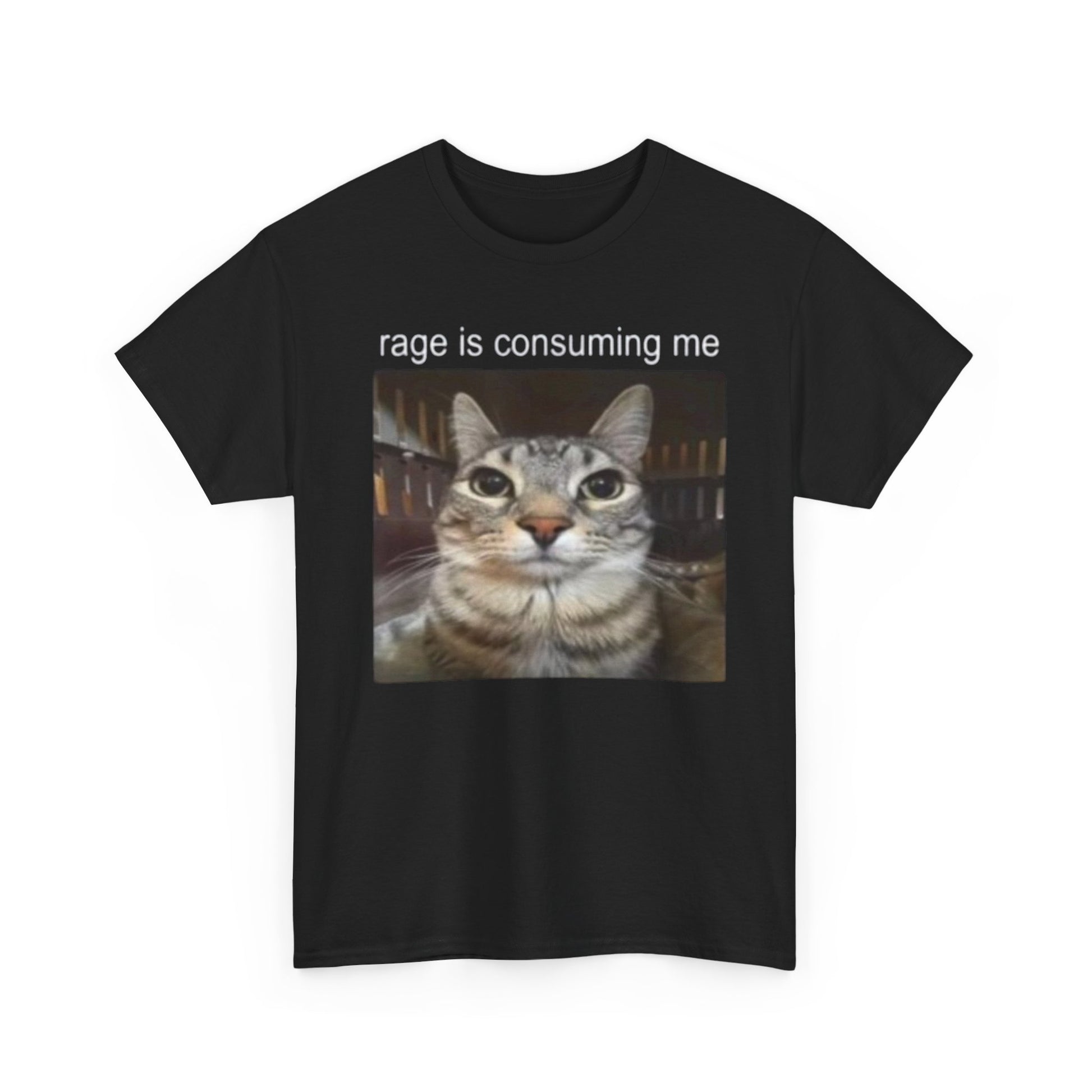 A black crew neck t-shirt with the text 'rage is consuming me' printed above a cat's face.