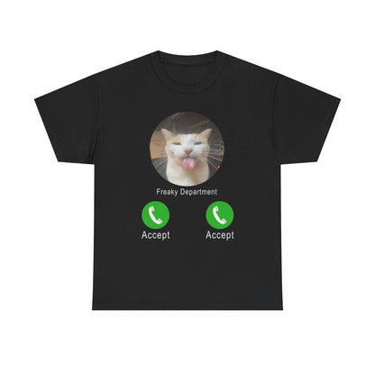 A black crew neck t-shirt featuring a graphic of a cat with the text 'Freaky Department' and two 'Accept' buttons.