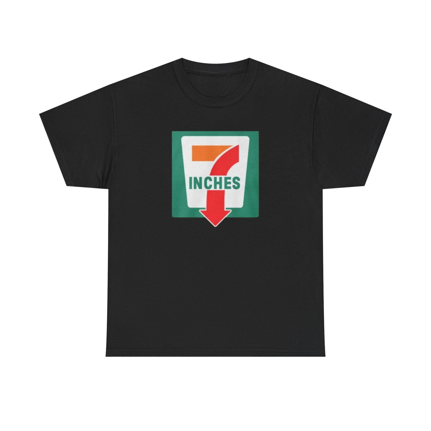 A black crew neck t-shirt with a graphic print in the center that reads '7 Inches' with a down arrow, all in bold colors.