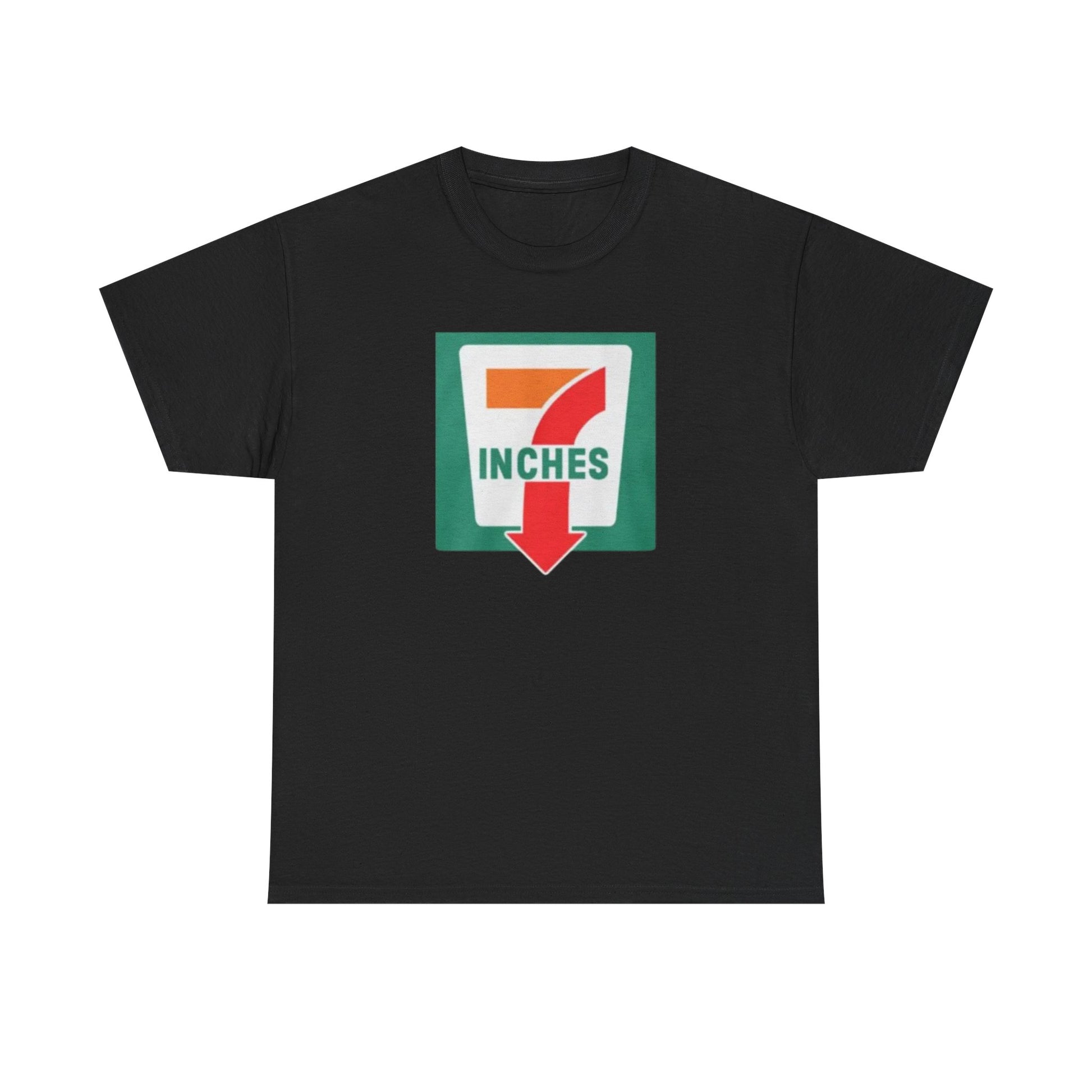 A black crew neck t-shirt with a graphic print in the center that reads '7 Inches' with a down arrow, all in bold colors.