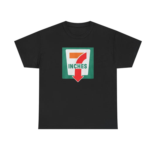 A black crew neck t-shirt with a graphic print in the center that reads '7 Inches' with a down arrow, all in bold colors.