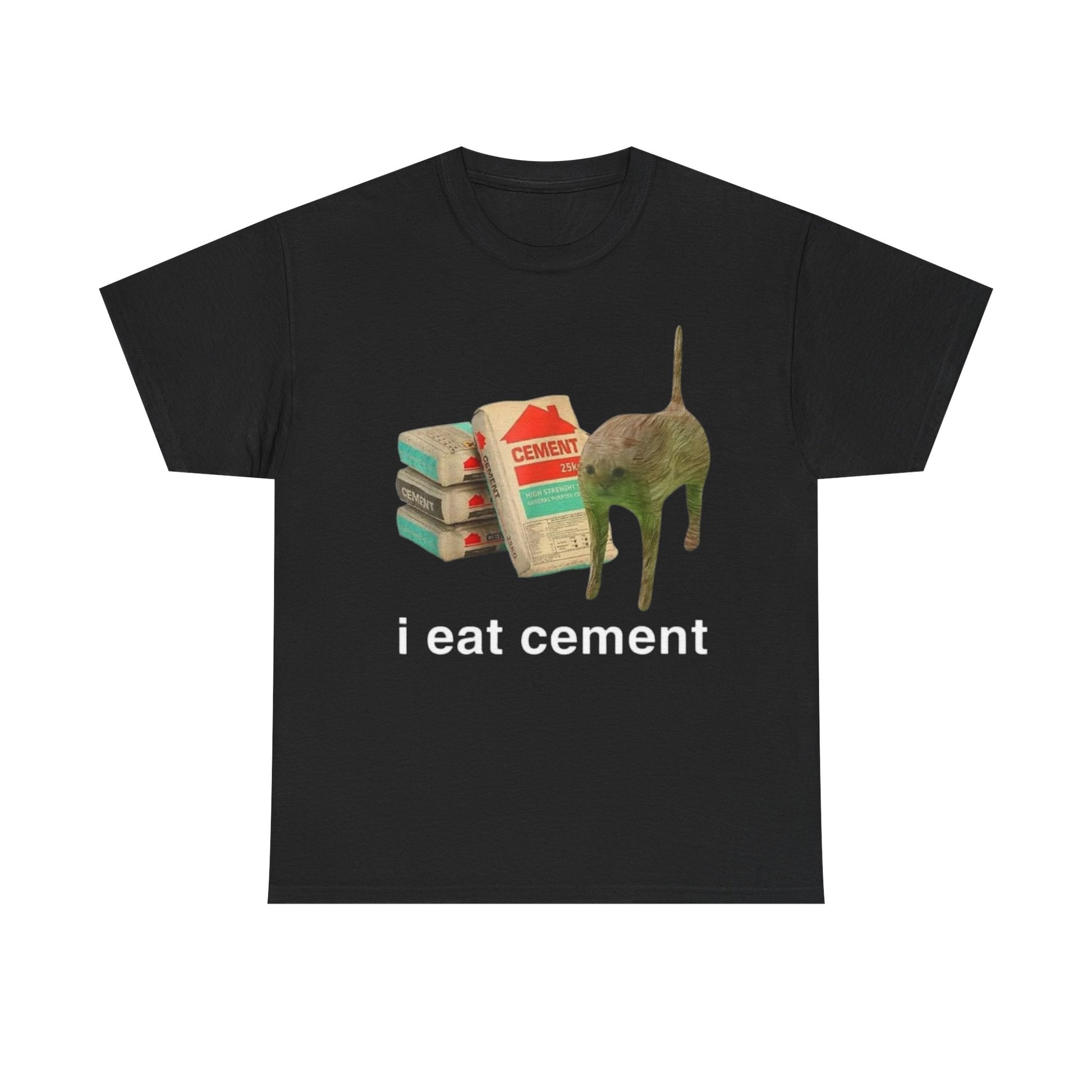 Black crew neck t-shirt with the text 'i eat cement' printed on the front, featuring an image of a dog and a stack of books.
