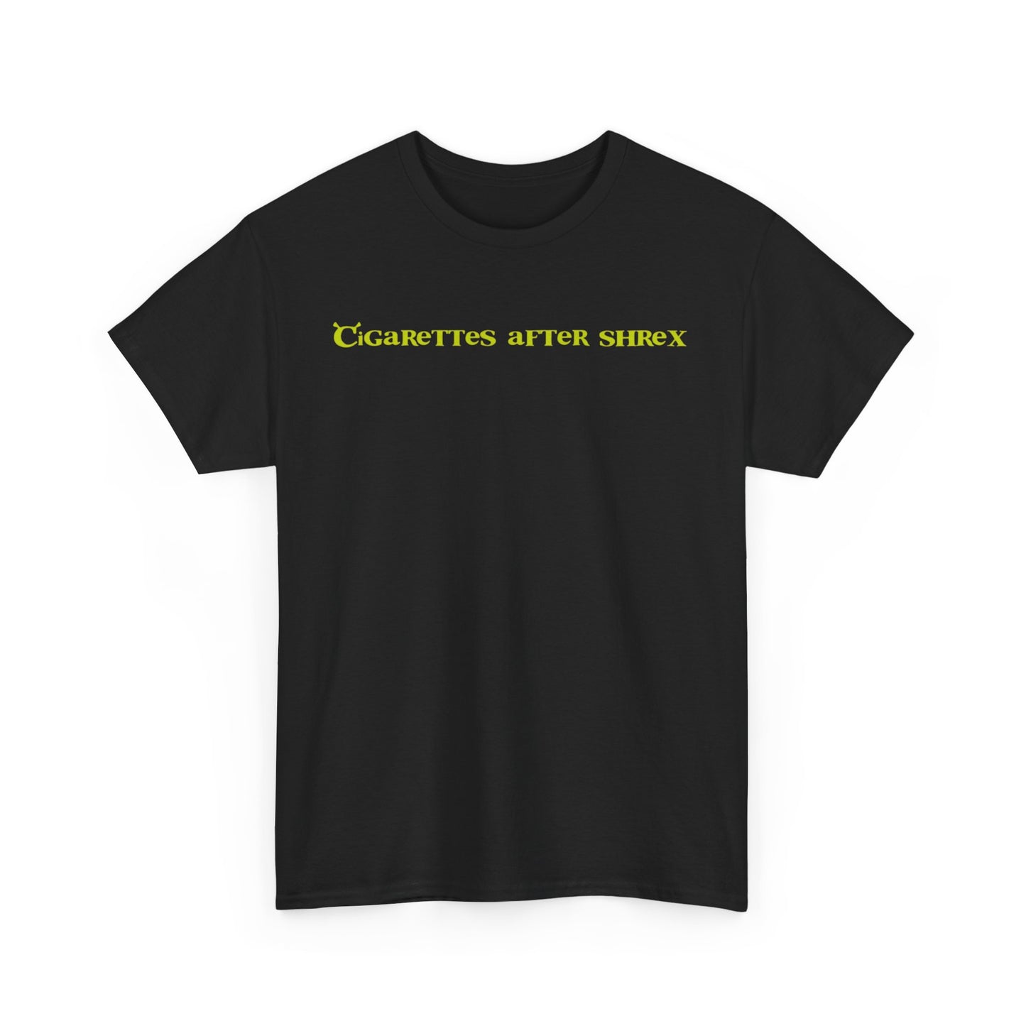 Black crew neck t-shirt with the text 'Cigarettes after shrek' printed in yellow on the front.