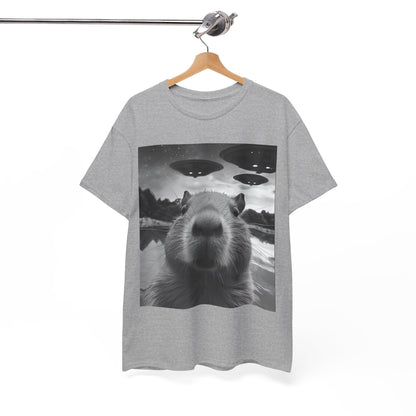 Funny Graphic Tee Capybara Selfie with UFOs Weird T-Shirt