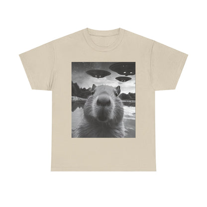 Funny Graphic Tee Capybara Selfie with UFOs Weird T-Shirt