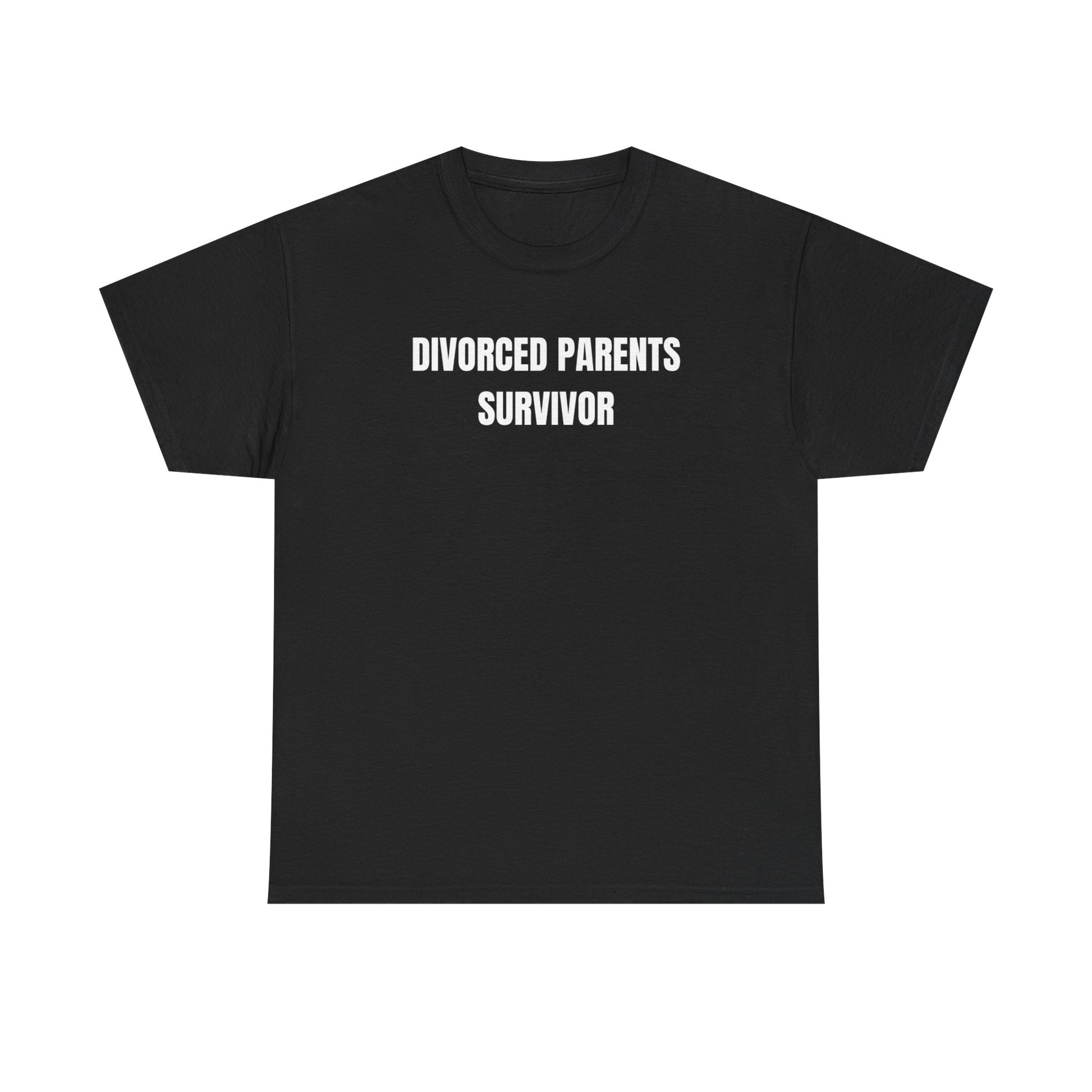 Black crew neck t-shirt with the text 'DIVORCED PARENTS SURVIVOR' printed in white on the front.