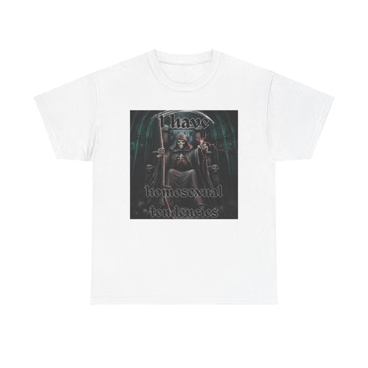 This image features a white crew neck t-shirt with a bold, center-focused graphic print. The print depicts a dark, mystical scene with a figure holding a staff, surrounded by intricate, gothic-style text that reads "I have Homosexual Tendencies" in a stylized font.