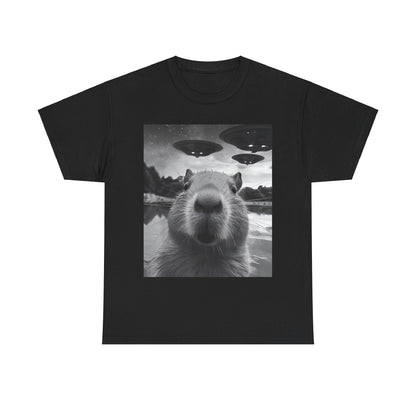 Funny Graphic Tee Capybara Selfie with UFOs Weird T-Shirt